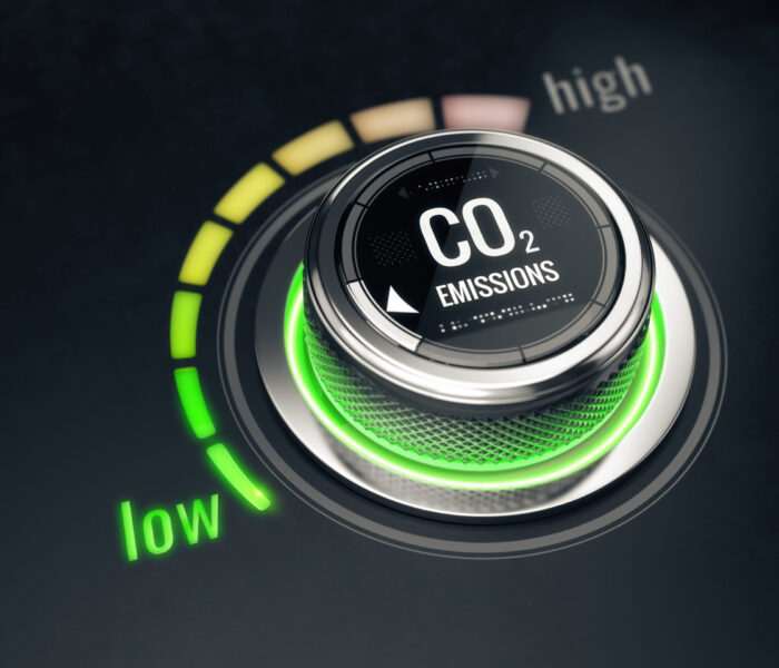 Reduce CO2 level concept. Carbon dioxide emissions control, CO2 level to the min position. 3d rendering