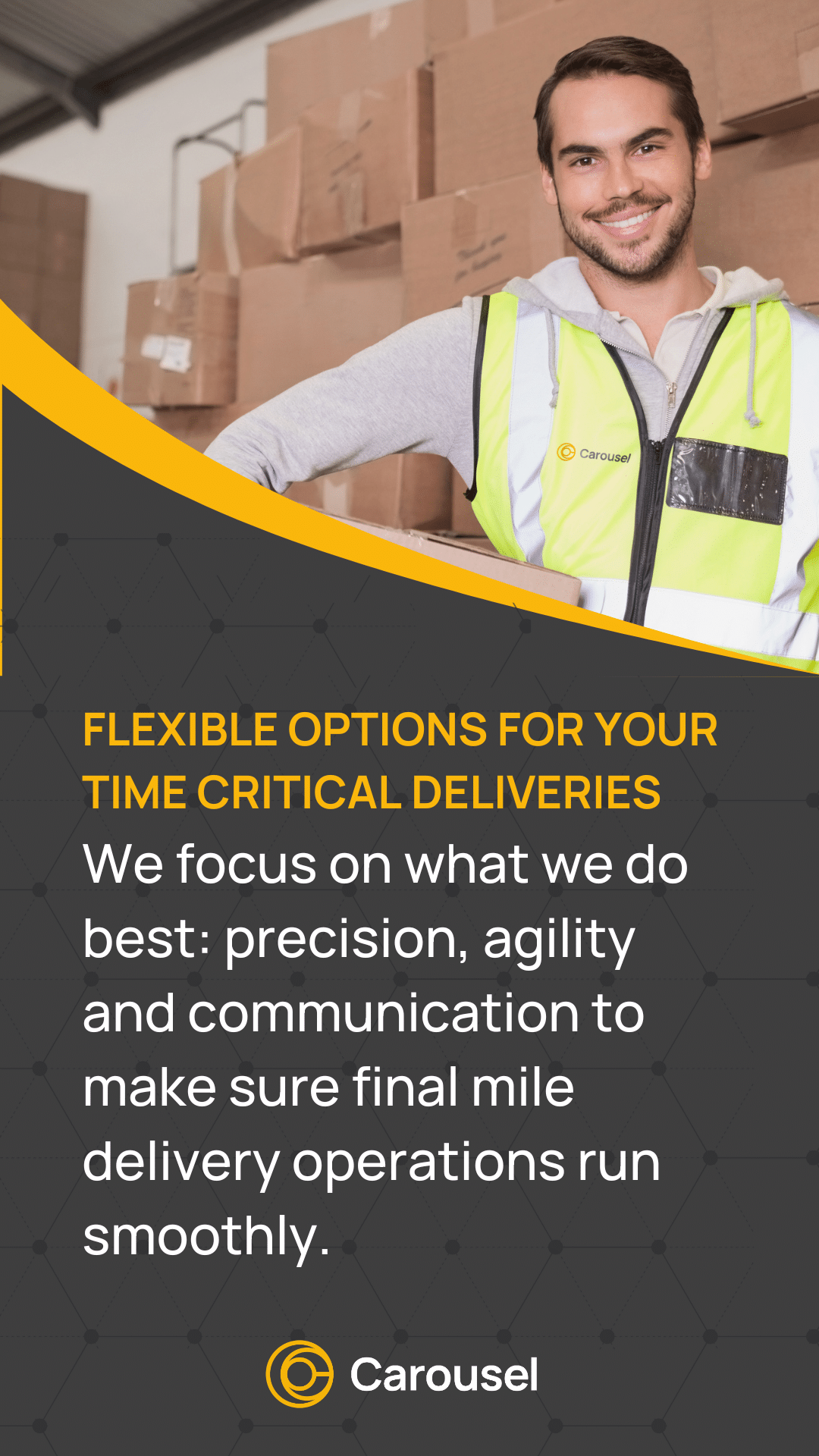 Men with box in a warehouse with text discussing time critical deliveries