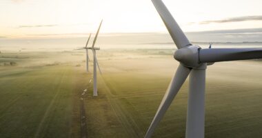 Wind Turbines Producing Energy In A Field On A Misty Day