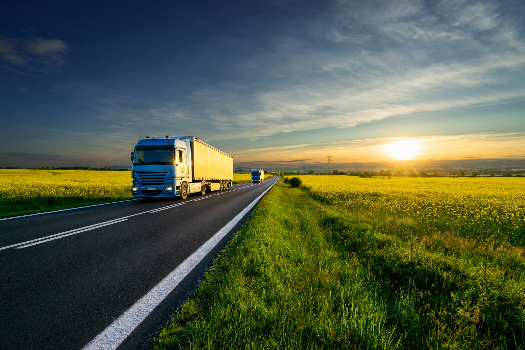 Blue trucks driving on the asphalt road between the yellow flowering rapeseed fields in the rural landscape at sunset Carousel lorries managing returns efficiently