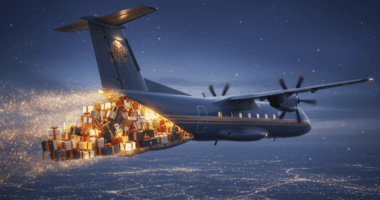 Aircraft unloading Christmas presents on night sky