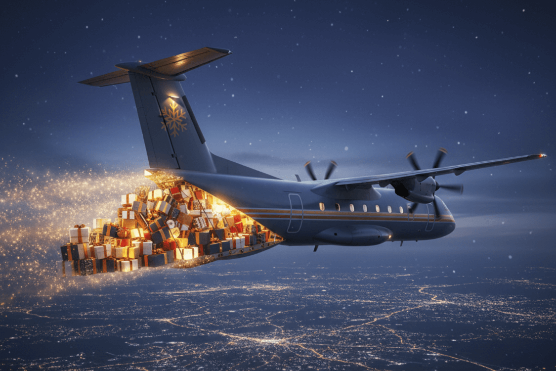 Aircraft unloading Christmas presents on night sky