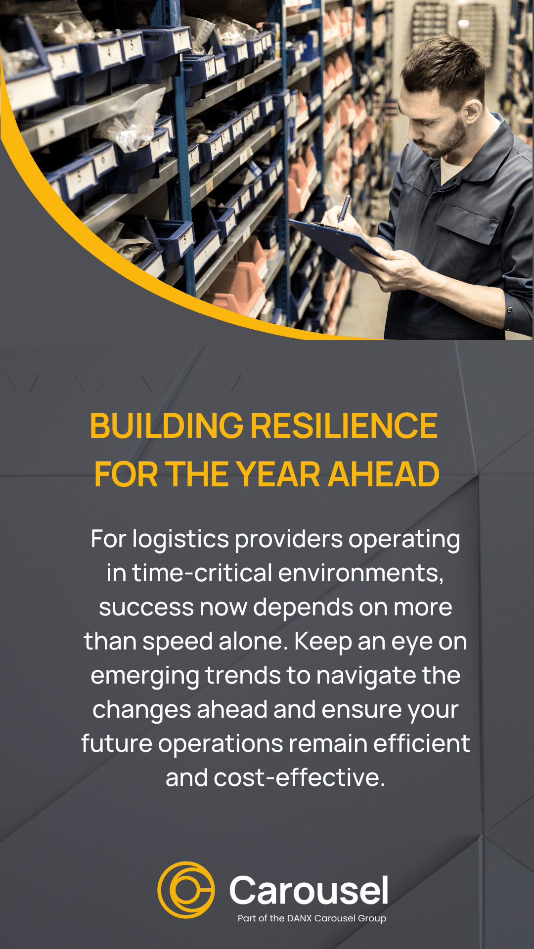 Infographic with engineer looking at wall of spare parts