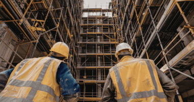 Two construction workers wearing safety gear and helmets facing a tall scaffold