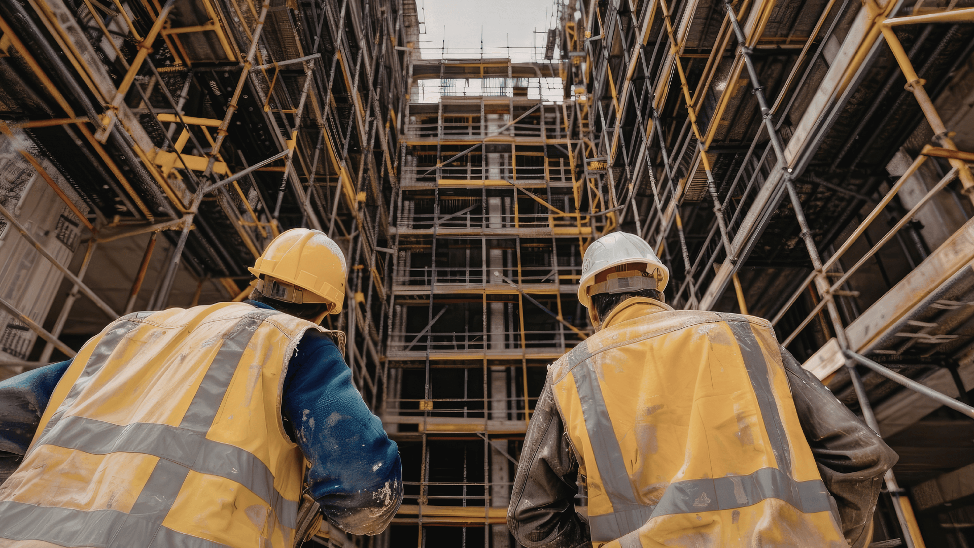 Two construction workers wearing safety gear and helmets facing a tall scaffold