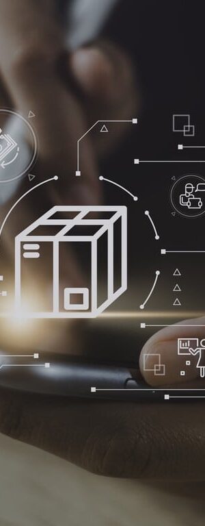 Smart logistics and inventory tracking concept with businessman using mobile device to manage digital supply chain